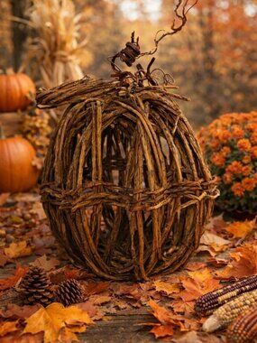 Rustic Grapevine Pumpkin Decor 12” Tall Farmhouse Fall Harvest Centerpiece